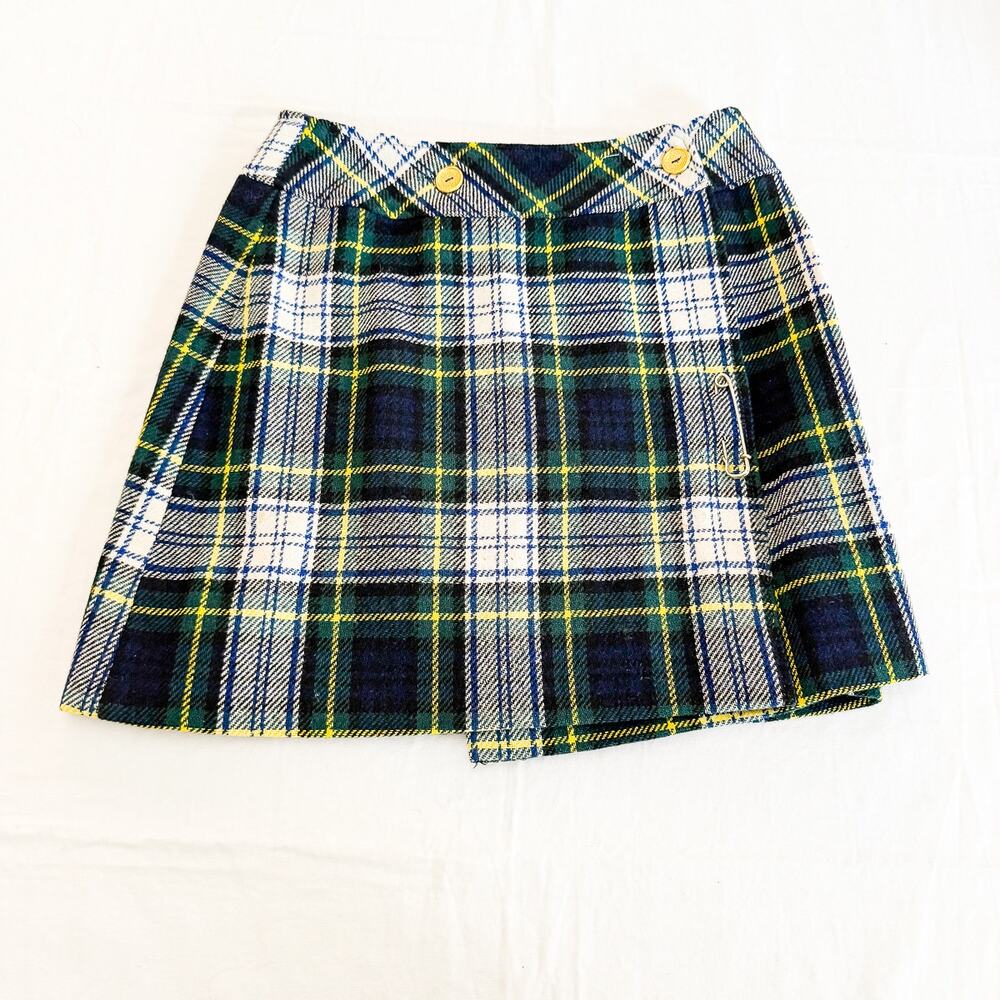 Grants Vintage Wool Plaid Tartan Green Skirt Gold Buttons Jr. Size 14